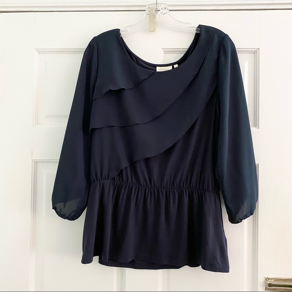Deletta Alee Ruffle Blouse By Anthropologie Dark Blue 3/4 Split Sleeve Sz M NWT